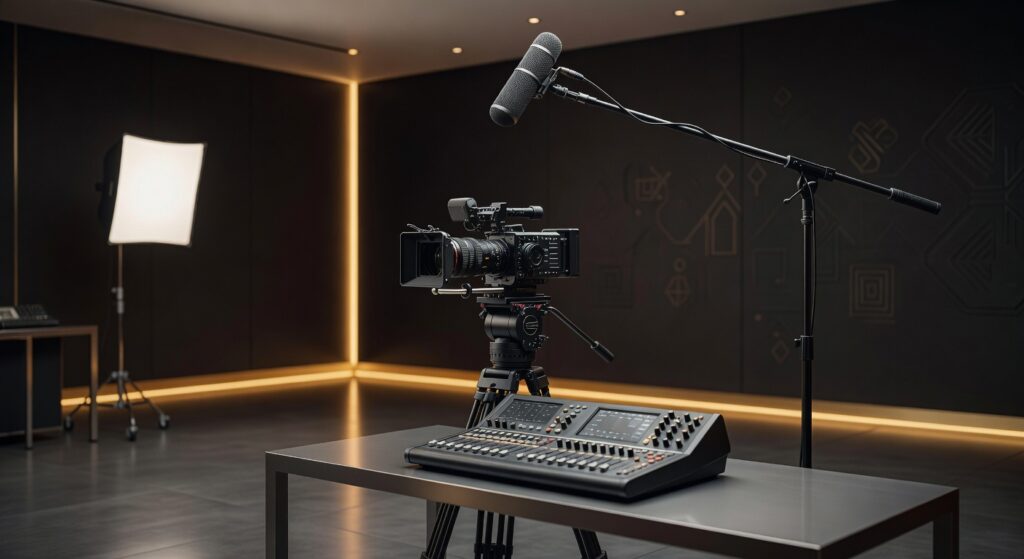 Estúdio de gravação profissional com câmera cinematográfica, microfone boom, mesa de som e iluminação para produção audiovisual