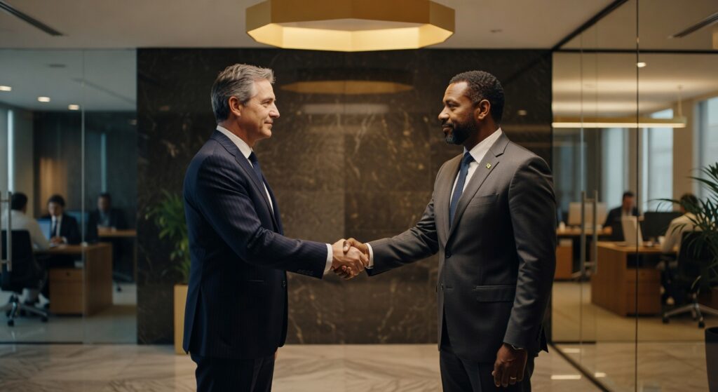 Dois executivos de terno cumprimentando-se em escritório moderno com vidros e mármore, produção audiovisual corporativa