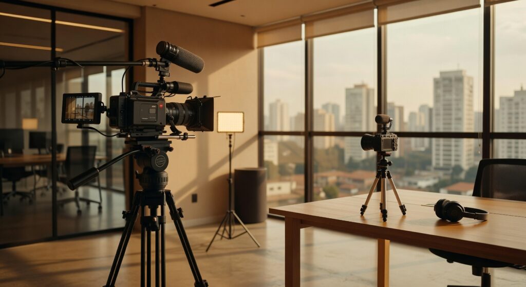 Estúdio de produção audiovisual com câmeras profissionais, tripés e equipamentos de filmagem em escritório corporativo