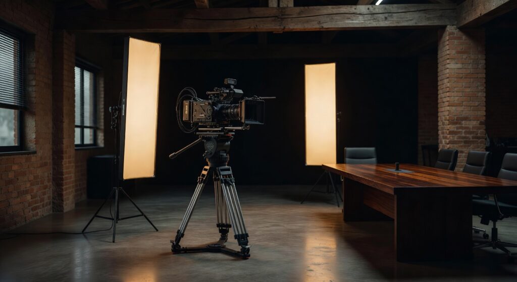Estúdio profissional com câmera cinema em tripé, iluminação LED e sala de reunião para produção audiovisual corporativa