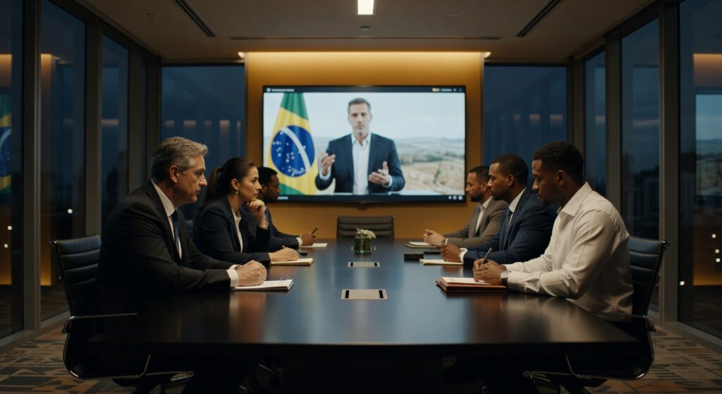Reunião executiva em sala de videoconferência com bandeira brasileira na tela, produção audiovisual corporativa