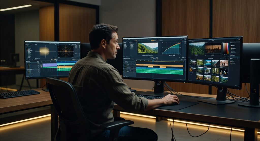 Editor profissional trabalhando em múltiplos monitores com software de edição de vídeo, produção audiovisual Belo Horizonte