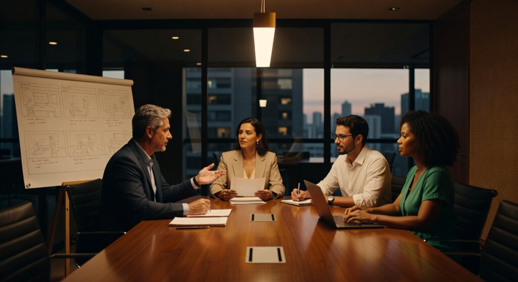 Equipe profissional em reunião de planejamento com storyboard, mesa de conferência e vista urbana, produção audiovisual