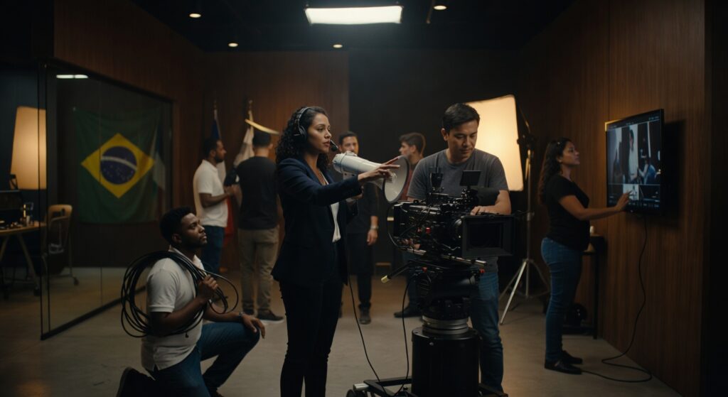 Diretora usando megafone coordenando equipe de filmagem profissional com câmera e iluminação em produção audiovisual