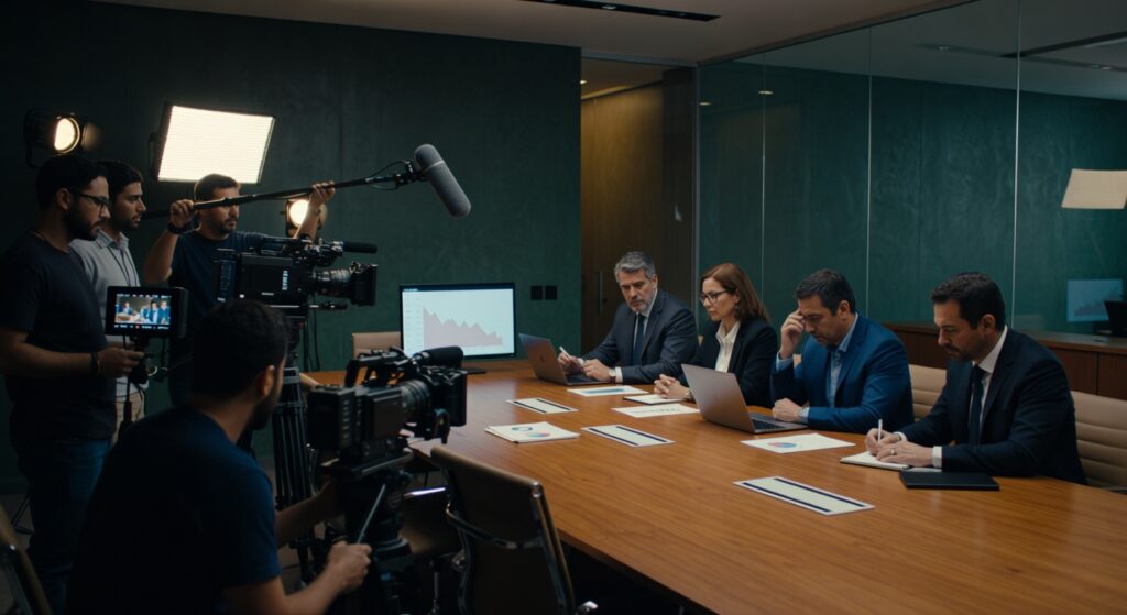 Executivos analisando gráficos de perda financeira sem vídeo corporativo em sala de reuniões empresarial