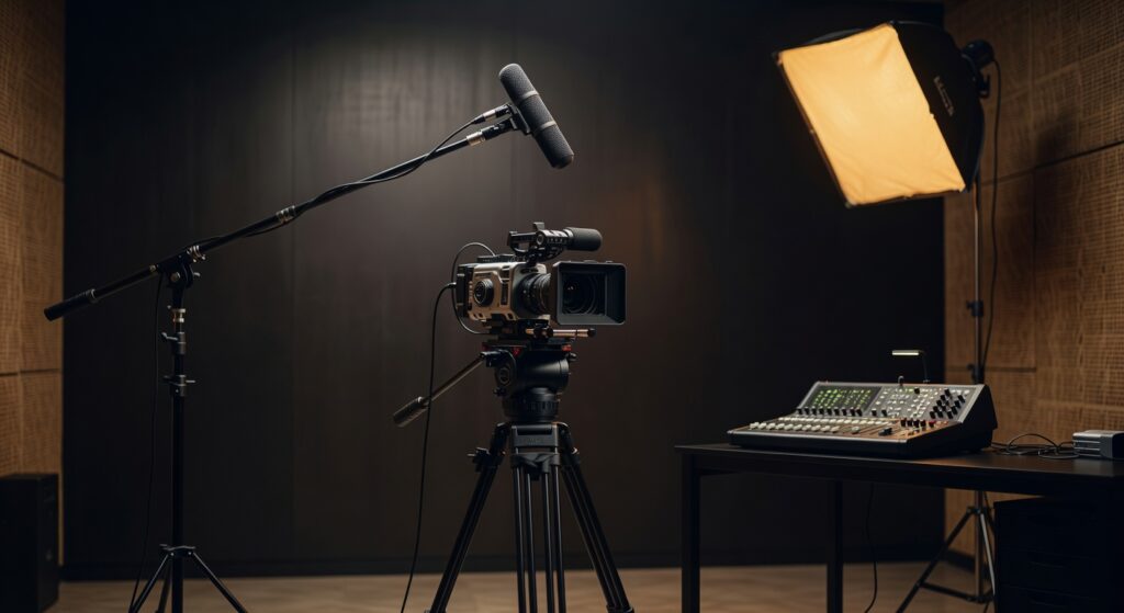 Estúdio de gravação com câmera profissional em tripé, microfone boom e mesa de som para produção audiovisual corporativa