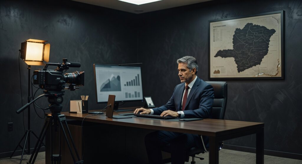 Executivo de terno sendo filmado em escritório com câmera profissional, monitor com gráficos e mapa na parede para vídeo corporativo