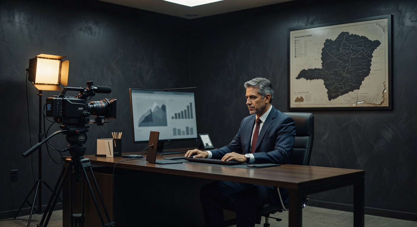 Executivo de terno sendo filmado em escritório com câmera profissional, monitor com gráficos e mapa na parede para vídeo corporativo