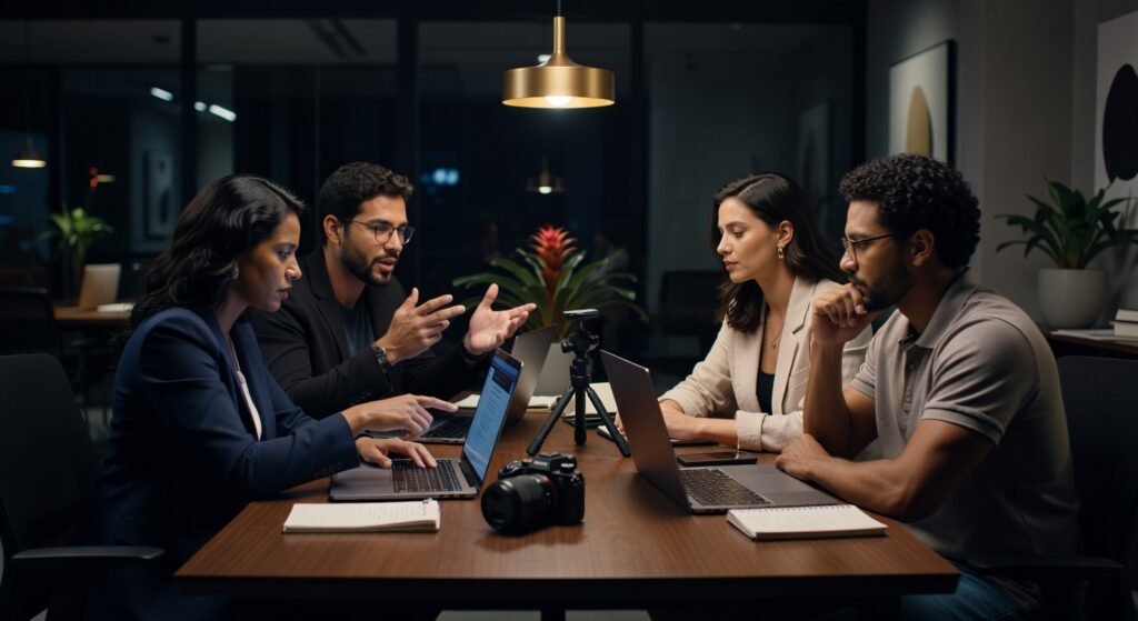 Quatro profissionais em reunião de trabalho com laptops, câmera e tripé sobre mesa, discutindo produção audiovisual