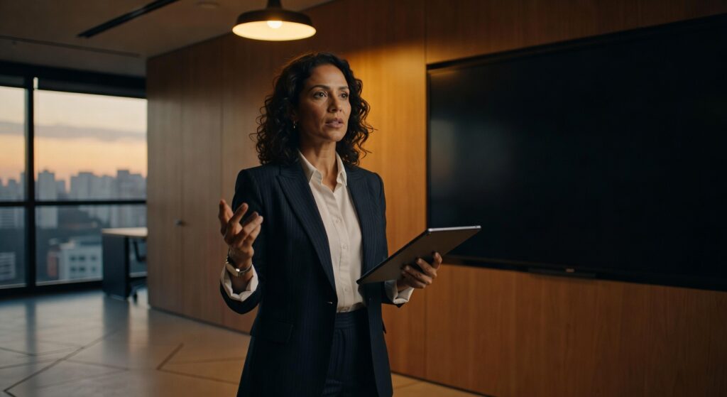 Mulher executiva de terno apresentando com tablet em escritório moderno com vista urbana, vídeo corporativo