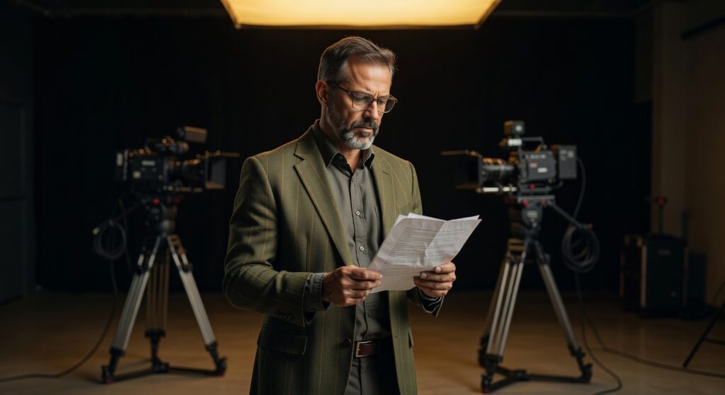 Executivo maduro de óculos e terno lendo documentos em estúdio com câmeras profissionais ao fundo produção audiovisual