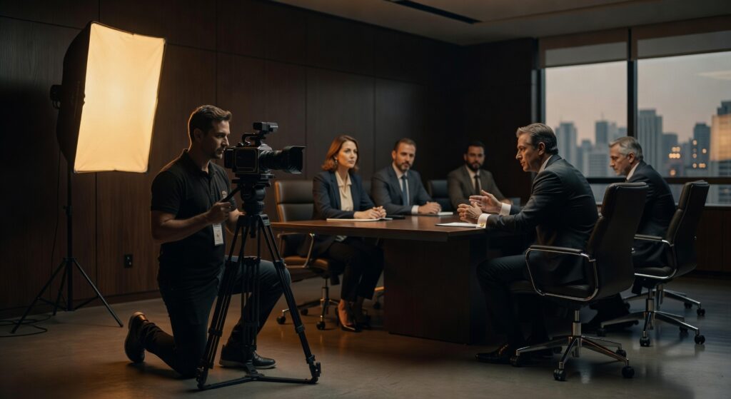 Cinegrafista operando câmera profissional durante gravação de reunião corporativa com executivos em sala de reuniões