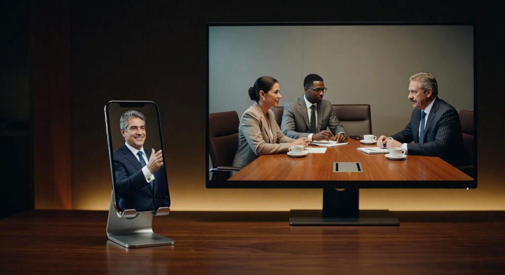 Executivos em reunião corporativa com participante conectado por videoconferência em smartphone, produção audiovisual