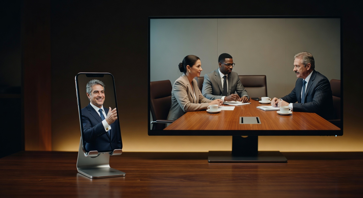 Executivos em reunião corporativa com participante conectado por videoconferência em smartphone, produção audiovisual